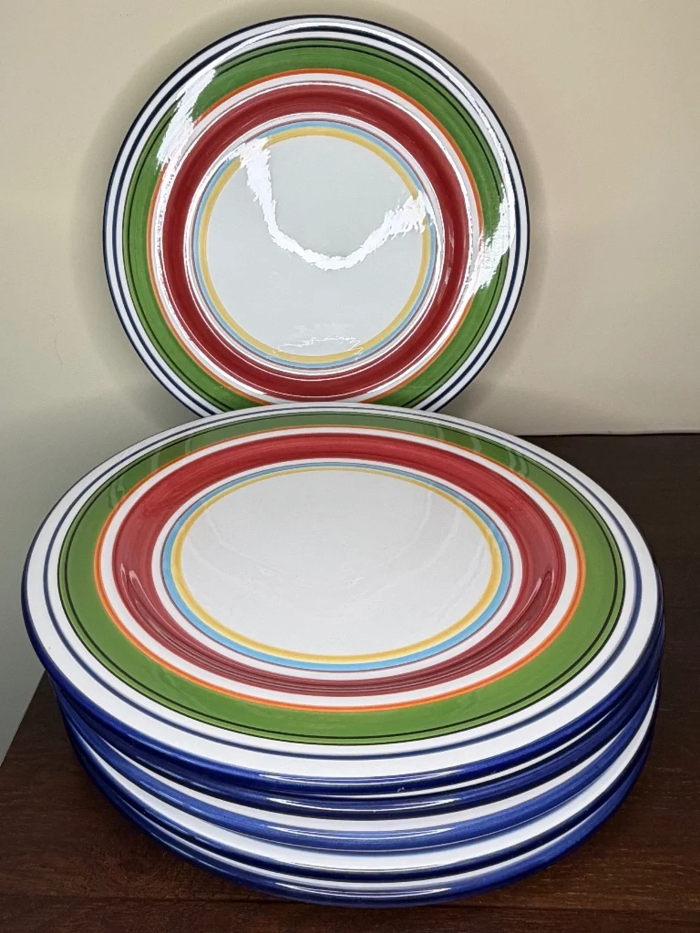 Pottery Barn Espadrille Stripe Dinner Plates Set of 7 Hand Painted 12.5